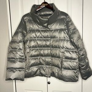 Eileen Fisher Gray Metallic sheen Puffer Jacket with Quilted, Funnel Collar XL